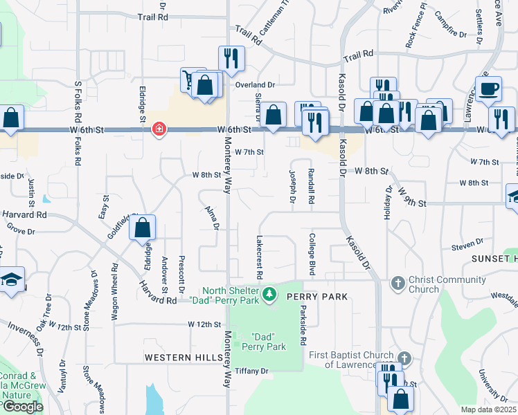 map of restaurants, bars, coffee shops, grocery stores, and more near 3712 Elizabeth Court in Lawrence