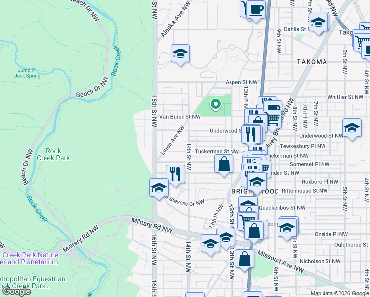 map of restaurants, bars, coffee shops, grocery stores, and more near 1401 Tuckerman Street Northwest in Washington