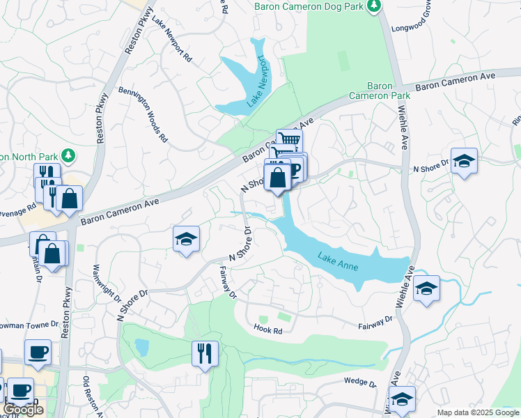 map of restaurants, bars, coffee shops, grocery stores, and more near 11467 Washington Plaza West in Reston