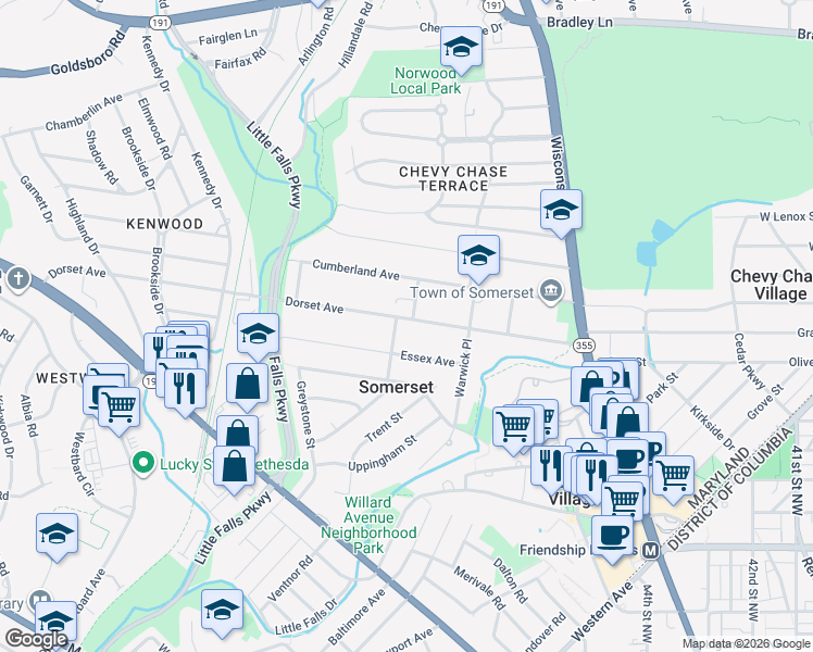 map of restaurants, bars, coffee shops, grocery stores, and more near 4728 Dorset Avenue in Chevy Chase
