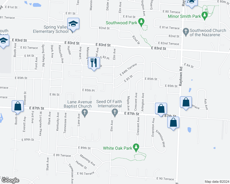 map of restaurants, bars, coffee shops, grocery stores, and more near 8521 Elm Avenue in Raytown