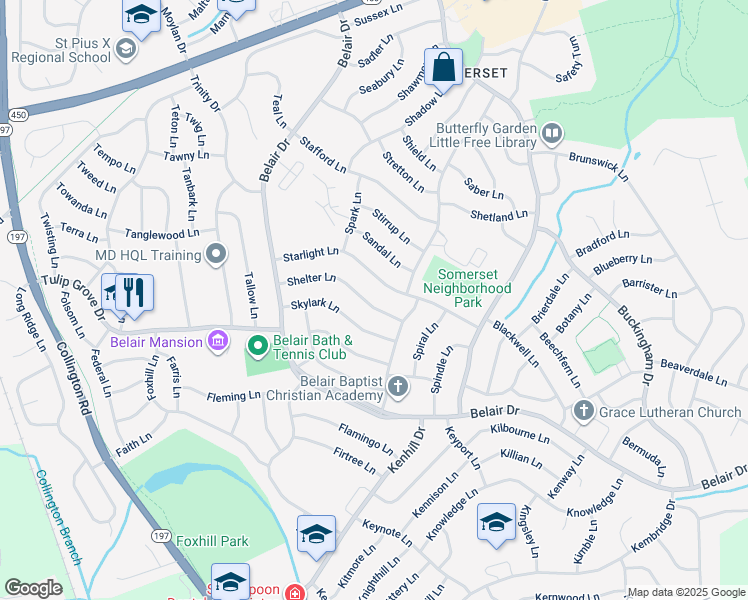 map of restaurants, bars, coffee shops, grocery stores, and more near 12412 Shelter Lane in Bowie