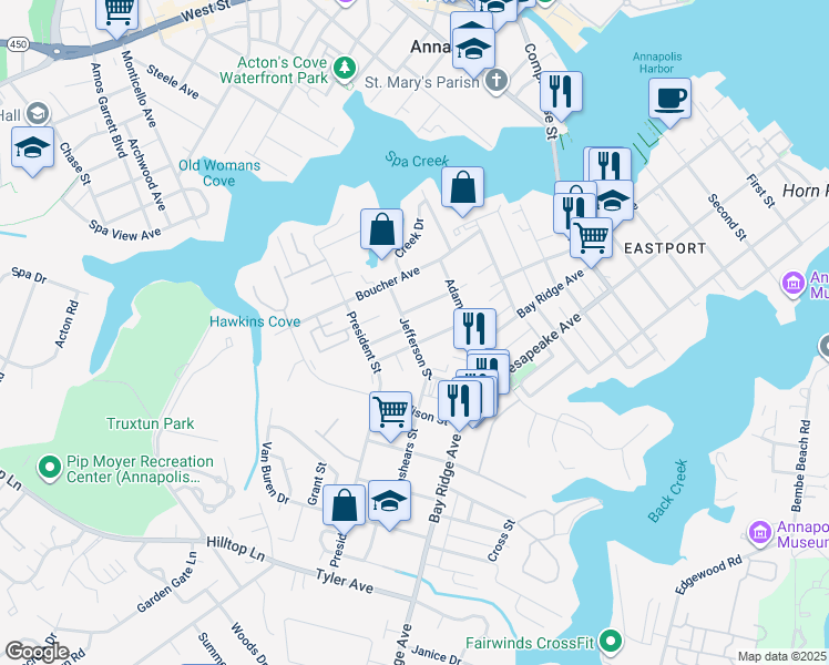 map of restaurants, bars, coffee shops, grocery stores, and more near 415 Jefferson Street in Annapolis