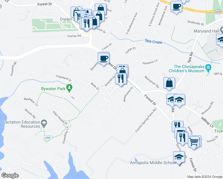 map of restaurants, bars, coffee shops, grocery stores, and more near 610 South Cherry Grove Avenue in Annapolis