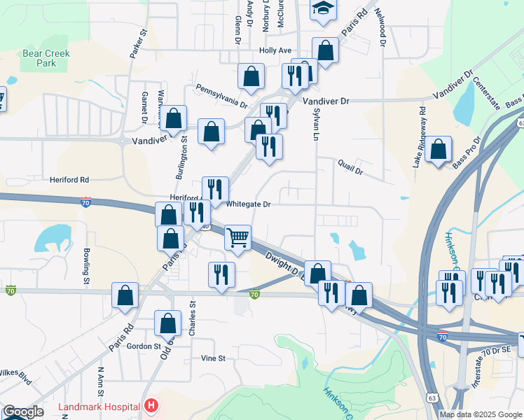 map of restaurants, bars, coffee shops, grocery stores, and more near 2202 Whitegate Drive in Columbia