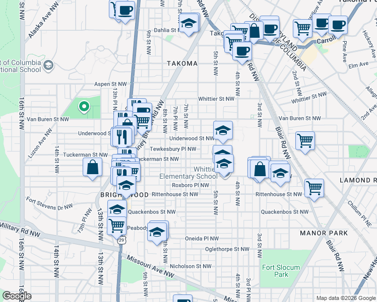 map of restaurants, bars, coffee shops, grocery stores, and more near 6411 7th Street Northwest in Washington