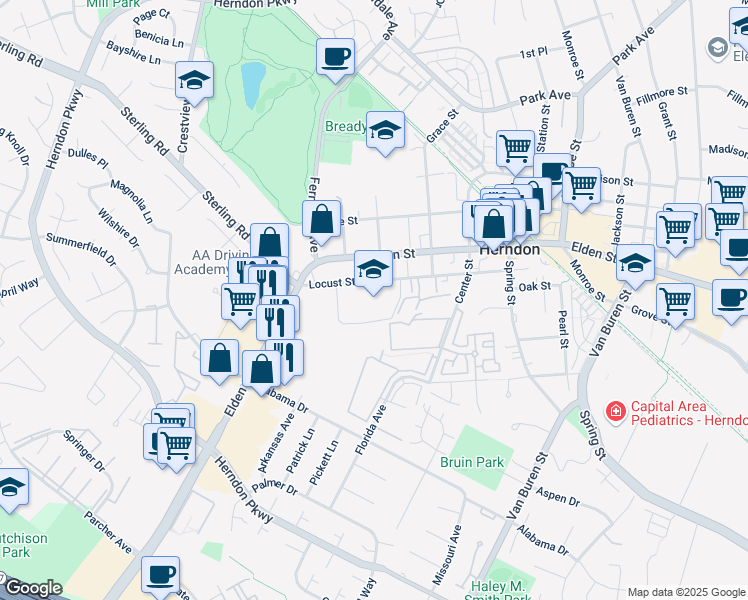 map of restaurants, bars, coffee shops, grocery stores, and more near 901 Locust Street in Herndon