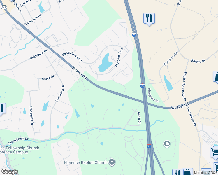 map of restaurants, bars, coffee shops, grocery stores, and more near 905 Dapple Grey Drive in Florence
