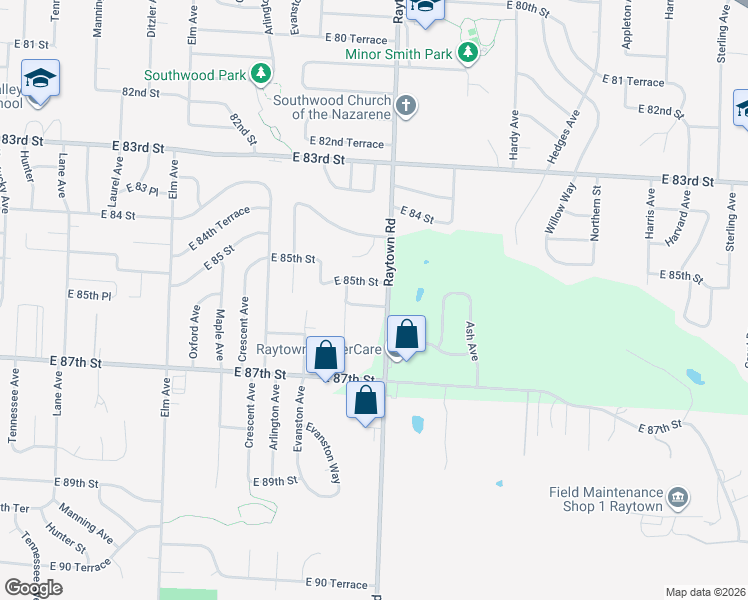 map of restaurants, bars, coffee shops, grocery stores, and more near 9912 East 85 Terrace in Raytown
