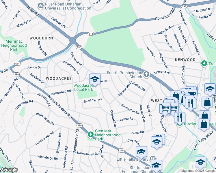 map of restaurants, bars, coffee shops, grocery stores, and more near 5713 Newington Road in Bethesda