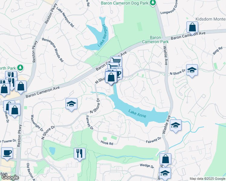 map of restaurants, bars, coffee shops, grocery stores, and more near 11400 Washington Plaza West in Reston
