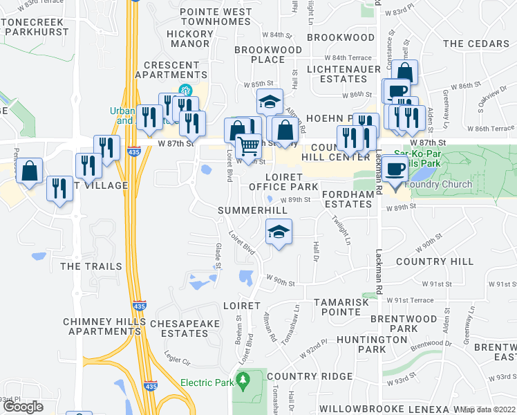 map of restaurants, bars, coffee shops, grocery stores, and more near 8827 Allman Road in Lenexa