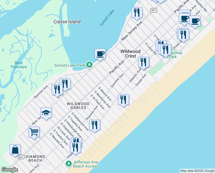 map of restaurants, bars, coffee shops, grocery stores, and more near 7704 Seaview Avenue in Wildwood Crest