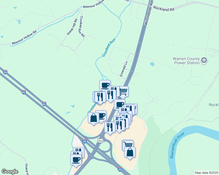 map of restaurants, bars, coffee shops, grocery stores, and more near 105 Old Hill and Dale Road in Front Royal