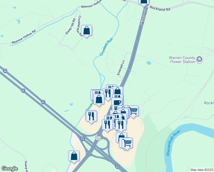 map of restaurants, bars, coffee shops, grocery stores, and more near 105 Old Hill and Dale Road in Front Royal