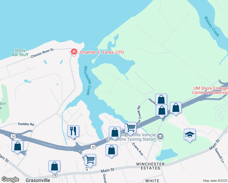 map of restaurants, bars, coffee shops, grocery stores, and more near 105 Port Court in Grasonville