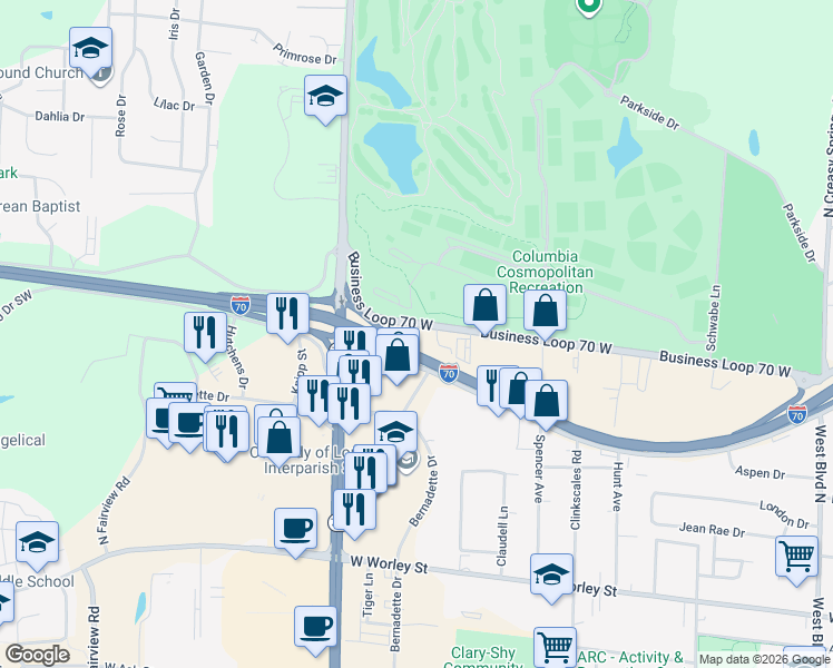 map of restaurants, bars, coffee shops, grocery stores, and more near 2000 Business Loop 70 West in Columbia