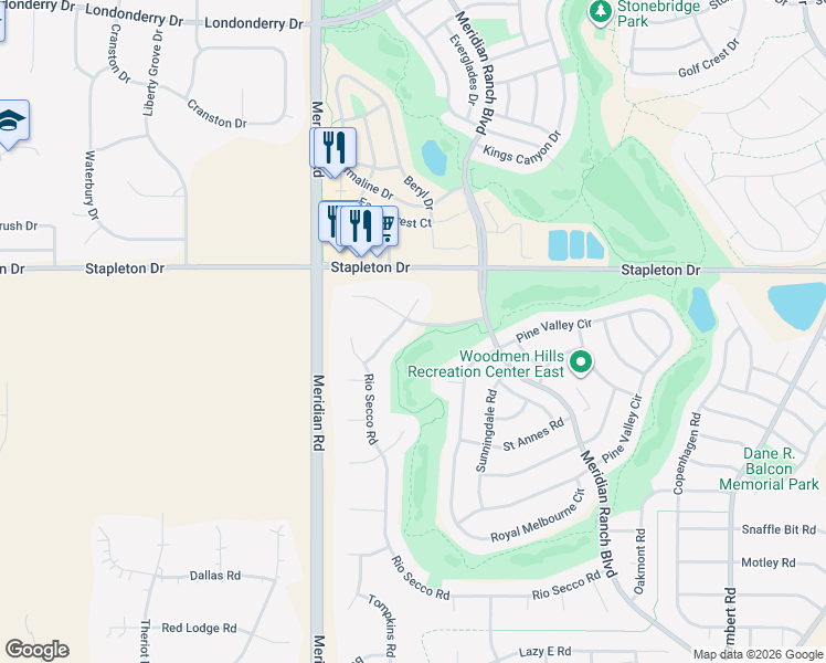 map of restaurants, bars, coffee shops, grocery stores, and more near 9404 Winged Foot Road in Peyton