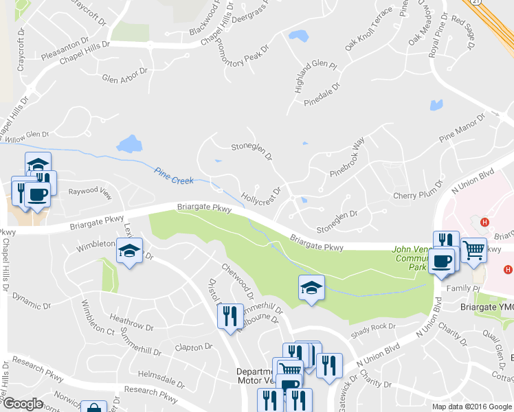 map of restaurants, bars, coffee shops, grocery stores, and more near 9625 Hollyleaf Court in Colorado Springs