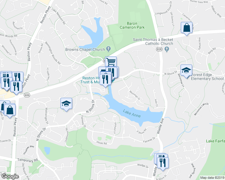 map of restaurants, bars, coffee shops, grocery stores, and more near 1674 Chimney House Road in Reston