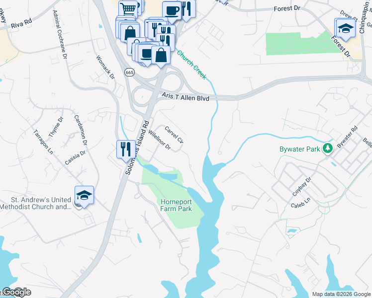 map of restaurants, bars, coffee shops, grocery stores, and more near 16 Wilelinor Drive in Edgewater