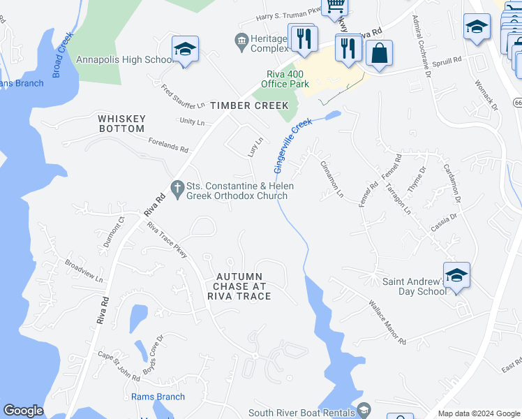map of restaurants, bars, coffee shops, grocery stores, and more near 2704 Summerview Way in Annapolis