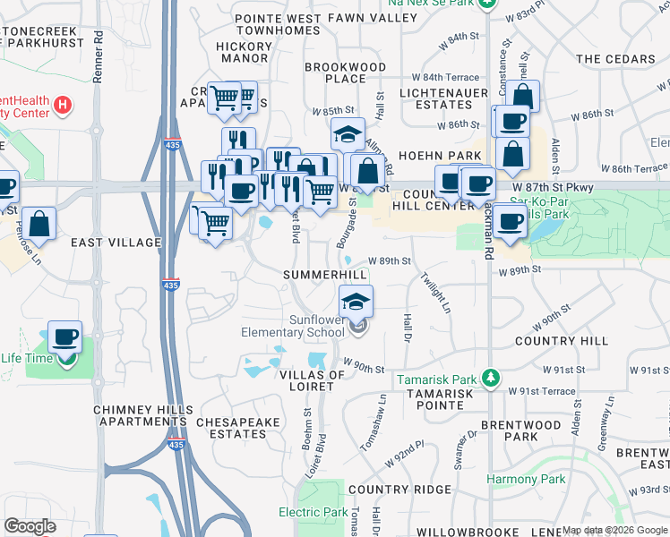 map of restaurants, bars, coffee shops, grocery stores, and more near 8825 Allman Road in Lenexa