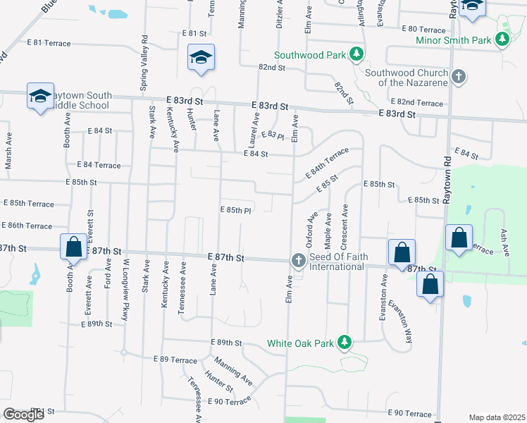 map of restaurants, bars, coffee shops, grocery stores, and more near 8508 Ditzler Avenue in Raytown