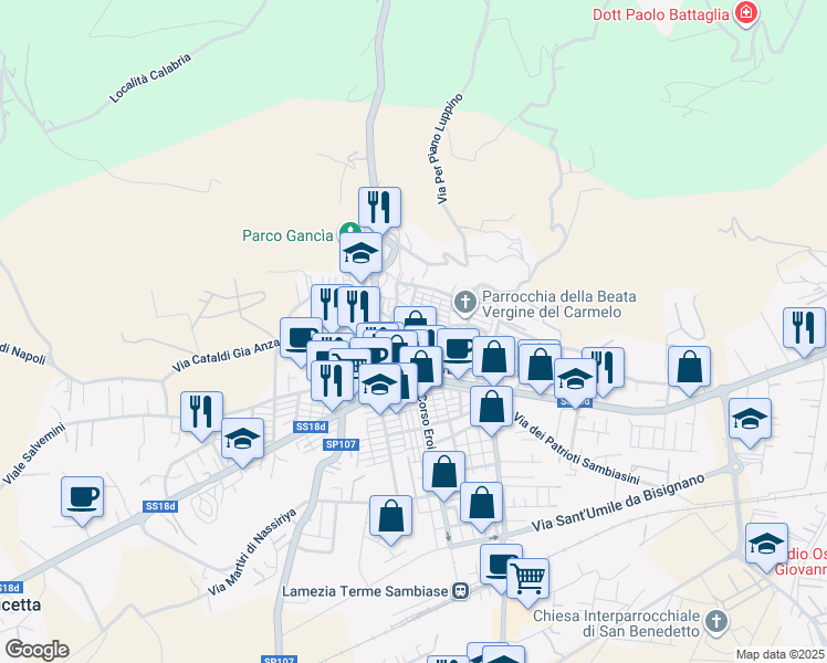 map of restaurants, bars, coffee shops, grocery stores, and more near Via Galliano in Lamezia Terme