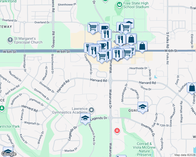 map of restaurants, bars, coffee shops, grocery stores, and more near 4912 Colonial Way in Lawrence