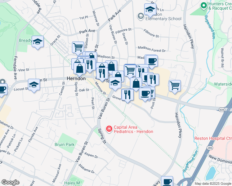 map of restaurants, bars, coffee shops, grocery stores, and more near 580 Grove Street in Herndon