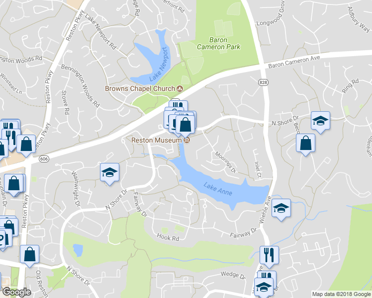 map of restaurants, bars, coffee shops, grocery stores, and more near 1672 Chimney House Road in Reston