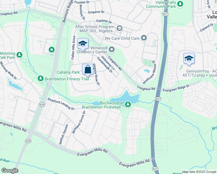 map of restaurants, bars, coffee shops, grocery stores, and more near 23461 Twin Falls Terrace in Ashburn
