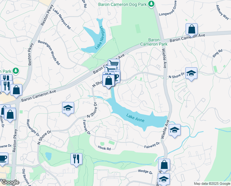 map of restaurants, bars, coffee shops, grocery stores, and more near 1672 Chimney House Road in Reston
