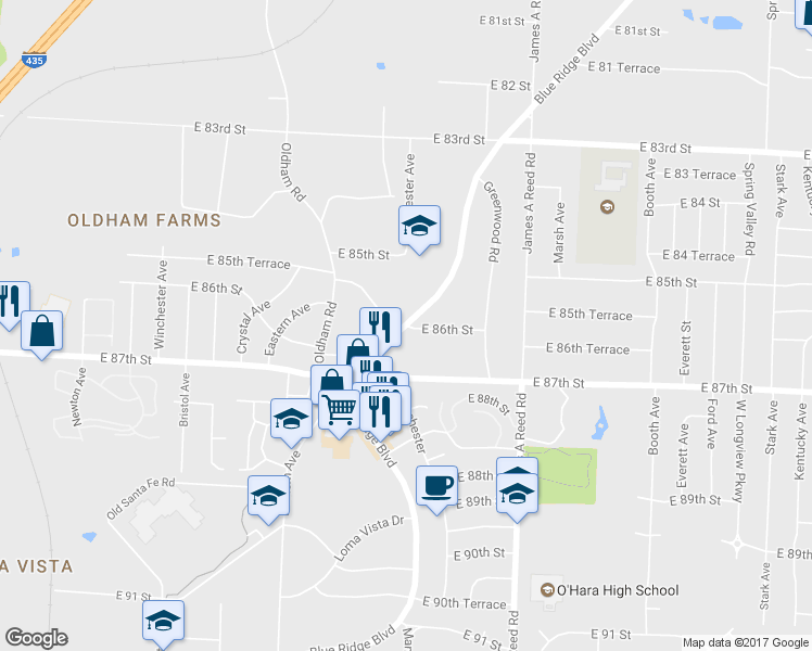 map of restaurants, bars, coffee shops, grocery stores, and more near Blue Ridge Blvd & E 86th St in Kansas City