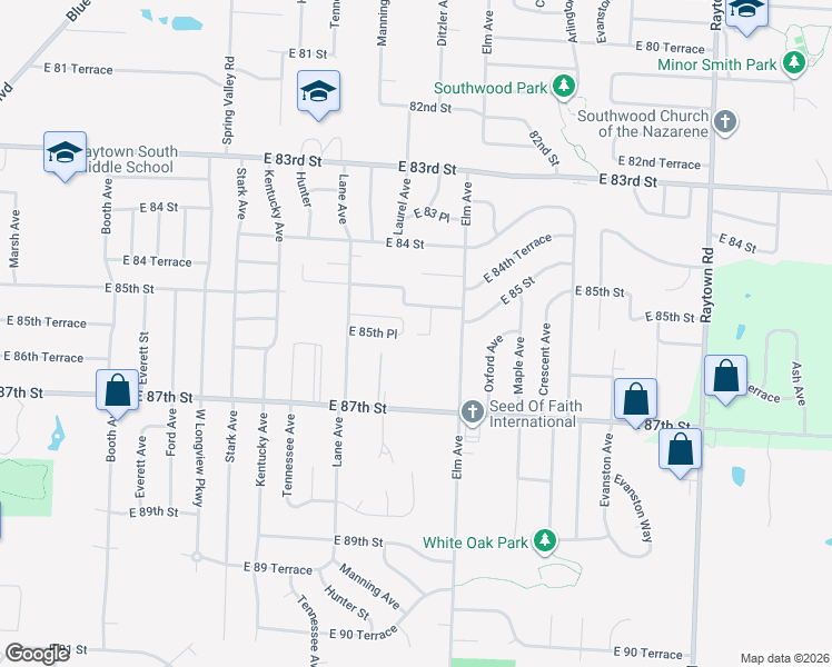 map of restaurants, bars, coffee shops, grocery stores, and more near 8508 Ditzler Avenue in Raytown