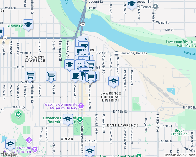 map of restaurants, bars, coffee shops, grocery stores, and more near 822 Rhode Island Street in Lawrence