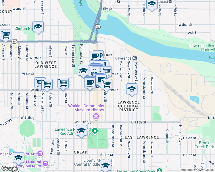 map of restaurants, bars, coffee shops, grocery stores, and more near 825 New Hampshire Street in Lawrence
