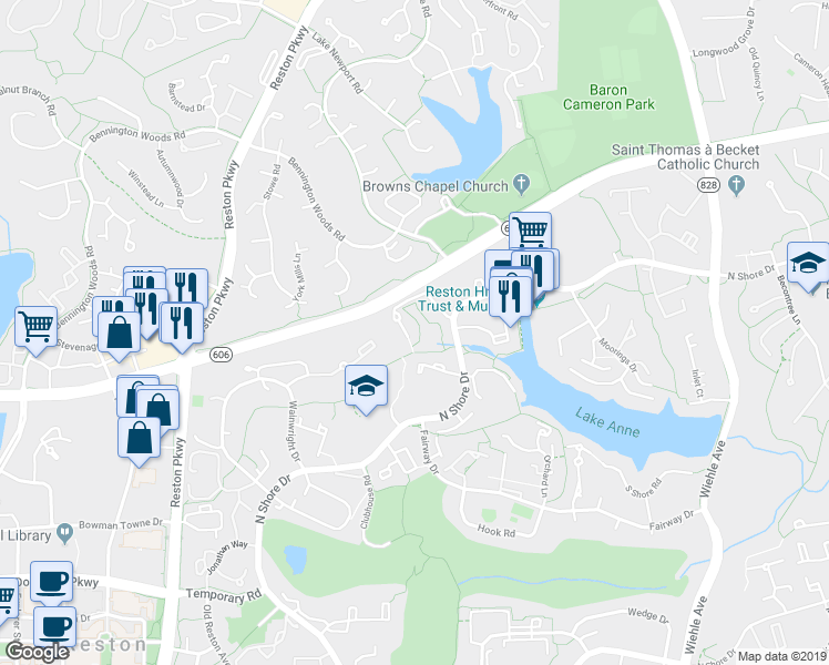map of restaurants, bars, coffee shops, grocery stores, and more near 11549 Maple Ridge Road in Reston