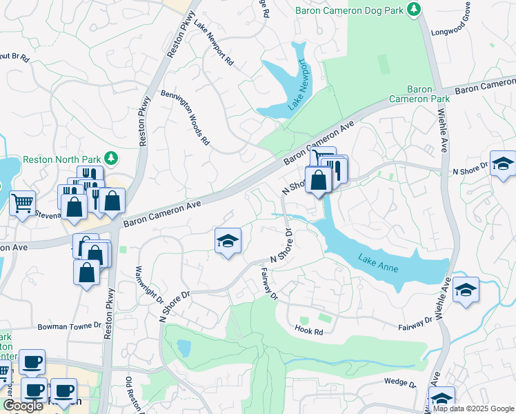 map of restaurants, bars, coffee shops, grocery stores, and more near 11549 Maple Ridge Road in Reston