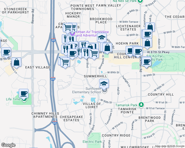 map of restaurants, bars, coffee shops, grocery stores, and more near 8812 Lakeview Avenue in Lenexa