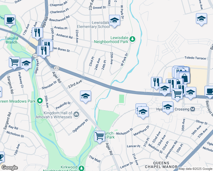 map of restaurants, bars, coffee shops, grocery stores, and more near 6014 Riggs Road in Hyattsville