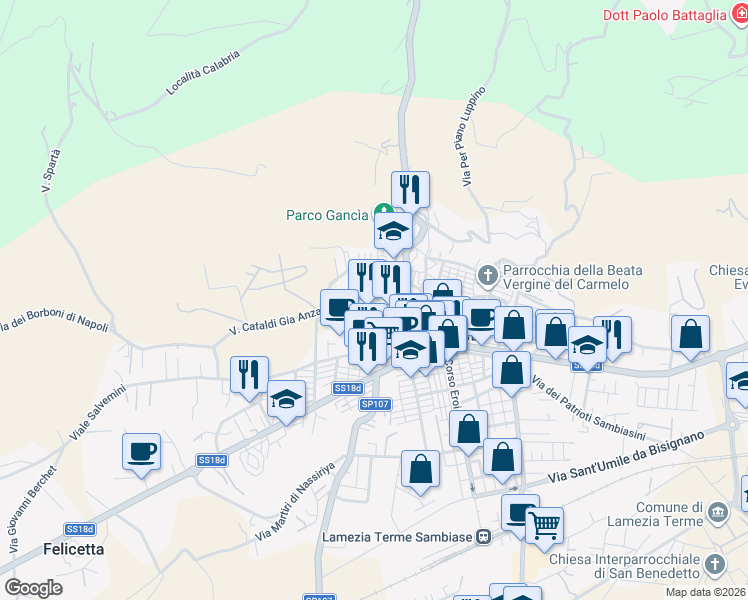 map of restaurants, bars, coffee shops, grocery stores, and more near 11 Corso Vittorio Emanuele in Lamezia Terme