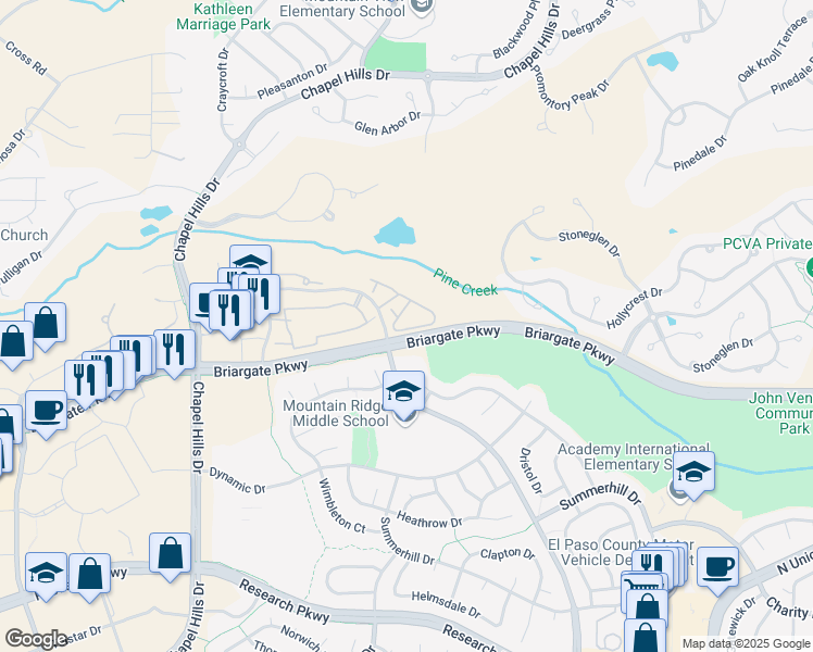 map of restaurants, bars, coffee shops, grocery stores, and more near 9611 Carriage Creek Point in Colorado Springs