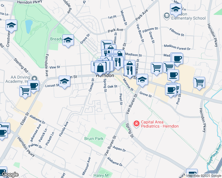 map of restaurants, bars, coffee shops, grocery stores, and more near 639 Oak Street in Herndon