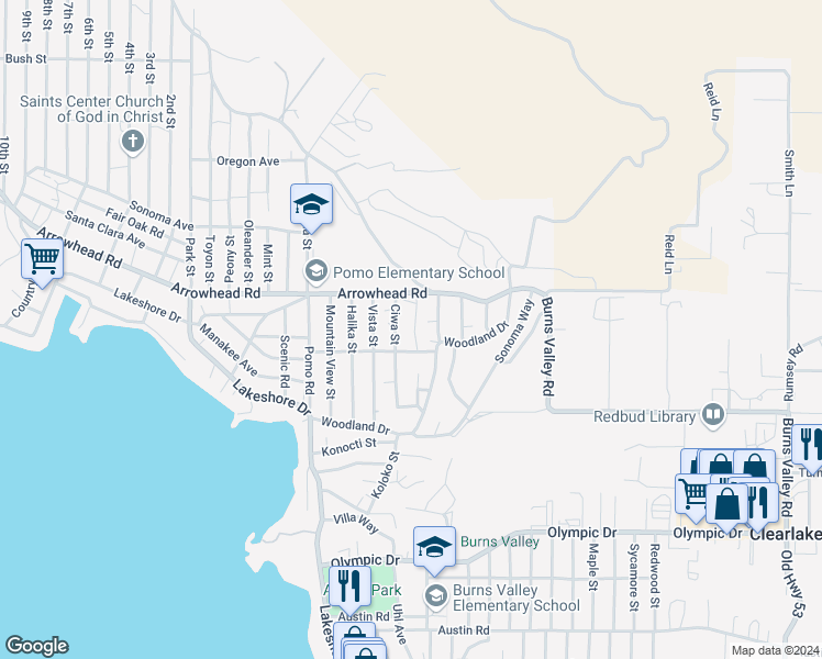 map of restaurants, bars, coffee shops, grocery stores, and more near 3569 Kakul Street in Clearlake