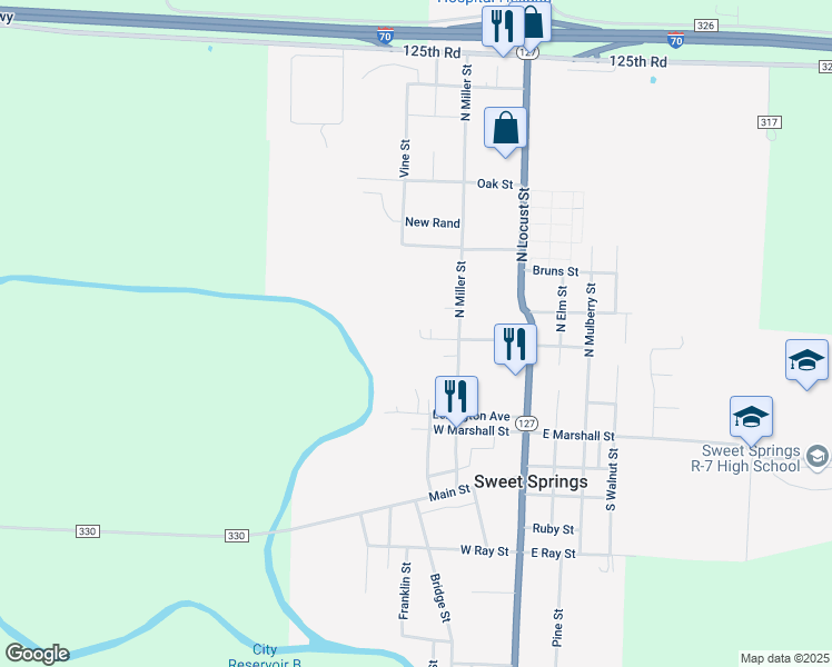 map of restaurants, bars, coffee shops, grocery stores, and more near 304 Virginia Street in Sweet Springs