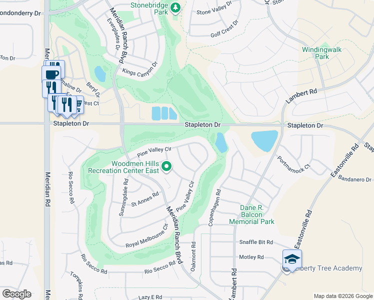 map of restaurants, bars, coffee shops, grocery stores, and more near 9383 Prairie Dunes Road in Peyton