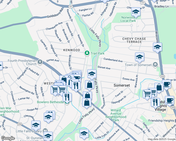 map of restaurants, bars, coffee shops, grocery stores, and more near 5100 Dorset Avenue in Chevy Chase