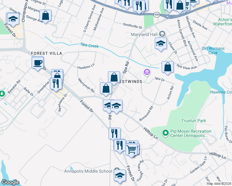 map of restaurants, bars, coffee shops, grocery stores, and more near 62 Gentry Court in Annapolis